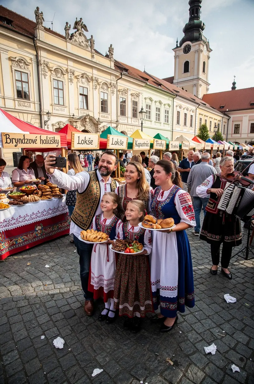 Interiér historickej krčmy s autentickou atmosférou a lokálnymi jedlami na stole.